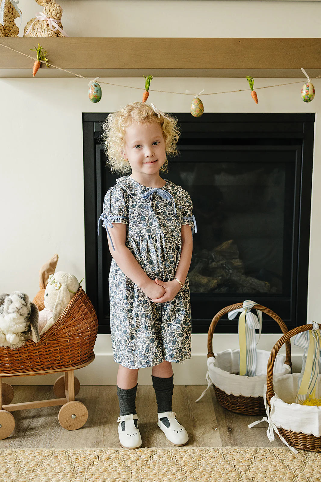 Navy Floral Bubble Sleeve Dress